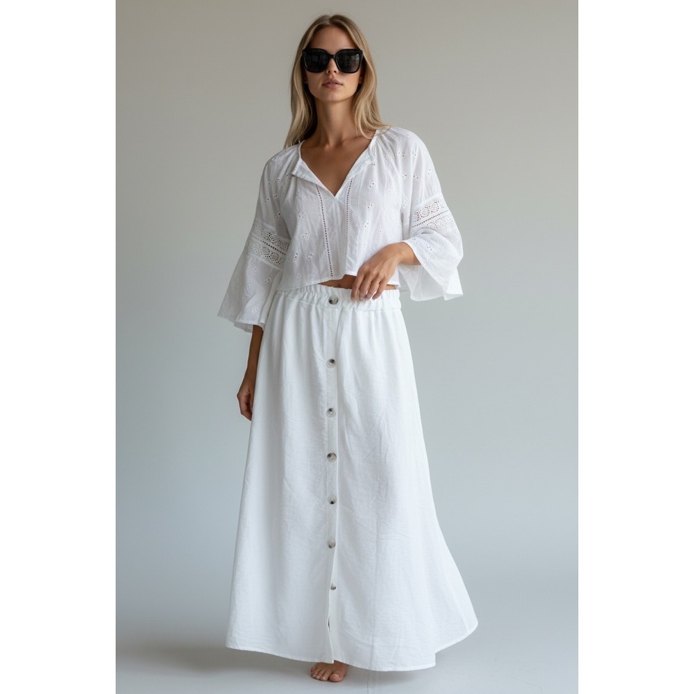 White Button Front‎ Size Large Maxi Skirt  Elastic Waist Coastal Summer